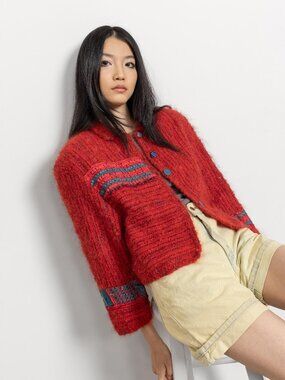 Vintage 90s Mohair Cropped Blazer: Red Woven Stripe Jacket, S/M